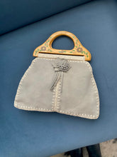Load image into Gallery viewer, baby blue suede bag with painted wood handle