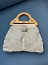 Load image into Gallery viewer, baby blue suede bag with painted wood handle
