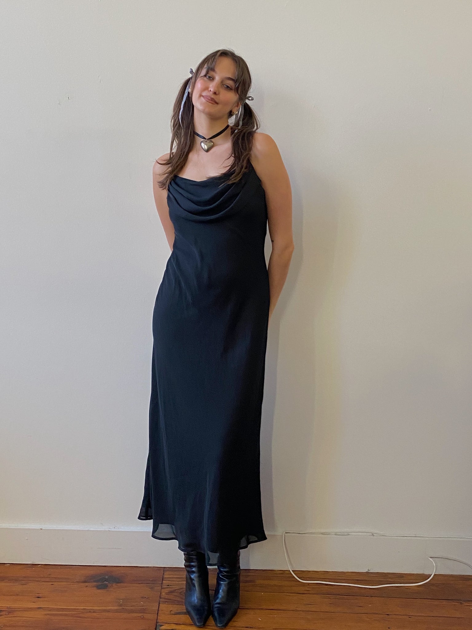 90s cowl neck dress 90's Silk Cowl Neck Dress with florals